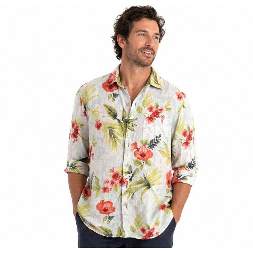 Tommy Bahama 100% Linen Tropical Floral Shirt Mens Fits Like L Relaxed Beach - Picture 1 of 8